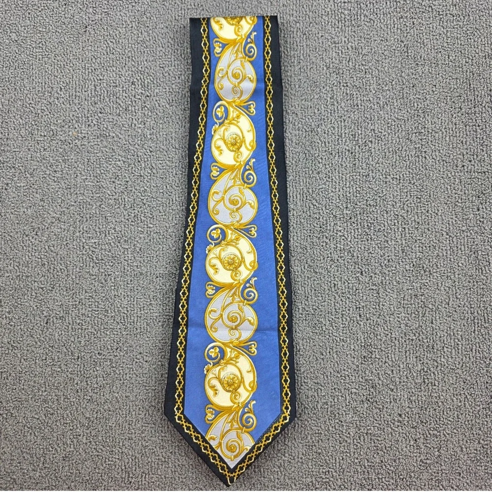 Georgio Gentelli Uomo Silk Tie Men Blue Gold Baroque Scroll Hand Made 3.75